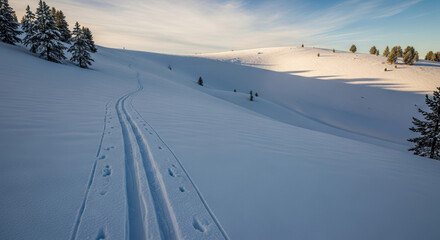 Cross country skiing on snow, showing tracks cutting through fresh snow under bright sky. Cross country skiing tracks guide winter sports enthusiasts to travel through snow-covered landscapes.