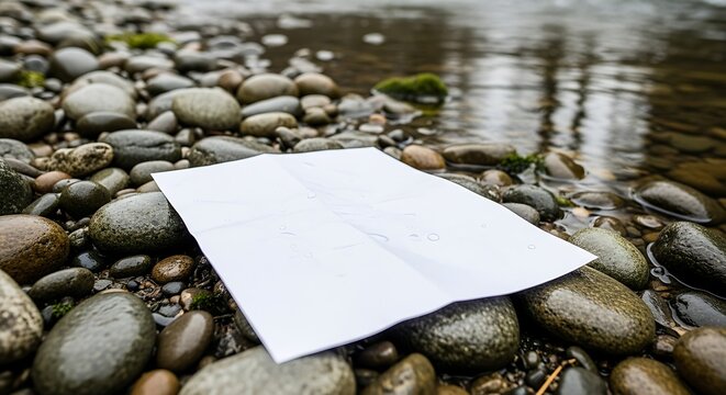 Blank Paper on River Rocks - A Moment of Reflection.