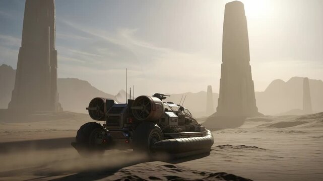 Futuristic hovercraft navigates a desolate alien landscape with monoliths
