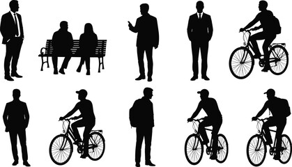 Obraz premium Black silhouette illustration of nine people—standing, sitting, cycling—professional attire, posture study, urban lifestyle, gesture and activity sketch