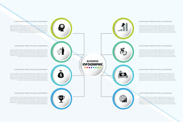 Modern business infographic template with 8 steps or options. Vector diagram layout with colorful circles and icons, perfect for presentations, data visualization, or comparisons.