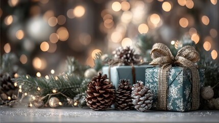 Christmas and New Year Background - Gift Boxes, Pine Cones, and Branches with Bokeh Garlands