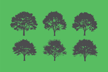 A collection of six distinct tree silhouettes, each with unique foliage and branching patterns, presented on a solid bright green backdrop.