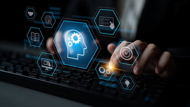 Head with gear and icons representing learning, digital training, and development process, showing skill growth for human or AI systems through knowledge or task optimization Latch - Powered by Adobe