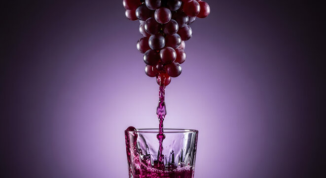Red grapes pour juice into a glass against a purple gradient backdrop