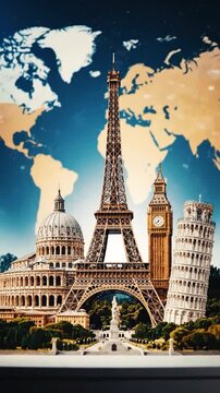 World landmarks set against a world map backdrop, digital art