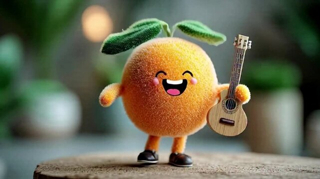 Fruid loops orange character playing a guitar with a vibrant background. Ideal for musicrelated designs, concert posters, and musical event promotions.