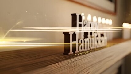 Happy Hanukkah! Wooden 'Happy Hanukkah' text, bright candles lit, celebration concept, traditional symbol, light streaks, holiday greetings, festive backgrounds, Jewish traditions. - Powered by Adobe
