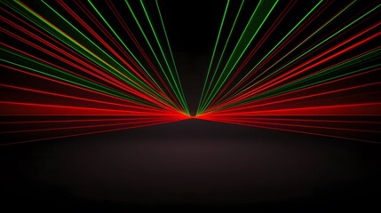 Fototapeta premium The image shows a dynamic display of converging red and green laser beams against a dark background. The beams create a sense of energized movement and visual depth.
