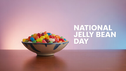 A bowl of colorful jelly beans on a wooden surface with text celebrating National Jelly Bean Day