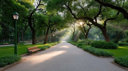Sunlight Streams Through Leafy Green Trees on a Garden Path with Benches and Lanterns