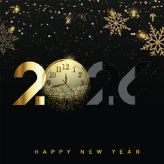 Elegant Happy New Year 2026 logo with gold and black typography. Vector