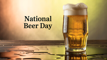 A glass of beer with foam on a wet wooden surface celebrating National Beer Day