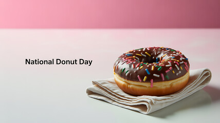 A chocolate-glazed donut with colorful sprinkles on a napkin, celebrating National Donut Day