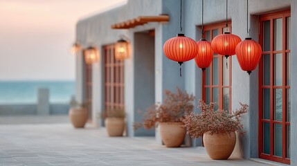 Traditional Red Lanterns Glowing Warmly Outside a Building at Dusk Overlooking the Ocean