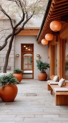 Traditional Asian Courtyard With Wooden Architecture Stone Walls Terracotta Planters And Paper Lanterns Illuminated By Warm Light