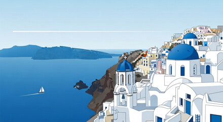 Fototapeta premium Picturesque santorini illustration showcasing iconic white architecture and blue domed churches overlooking the aegean sea with a sailboat on the water
