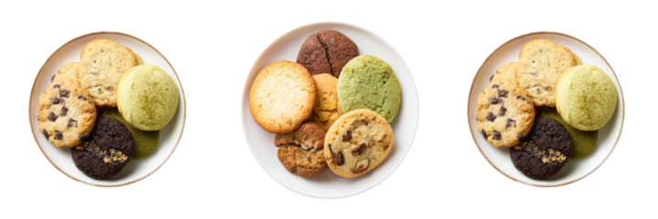 Delicious assorted cookies on a plate with transparent background studio setting close-up