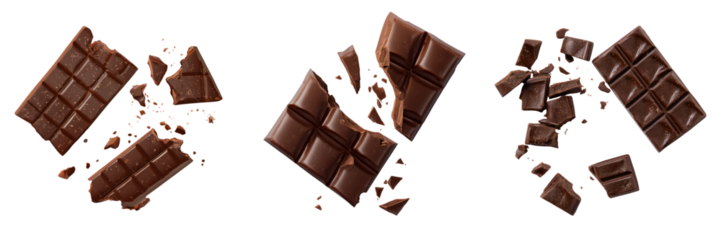 Delicious chocolate bar pieces on transparent background - food photography studio