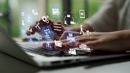 Mechanized industry automation and modern production system with robotic arms, gears, tools and...