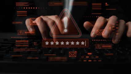 Password security breach warning with red asterisk box, cybersecurity alert, lock icons, and...