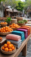 Outdoor Market Stall Displaying Fresh Oranges and Colorful Folded Textiles on a Wooden Table Bathed in Soft Daylight