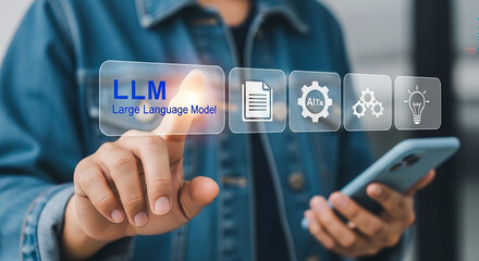 AI Interaction: A person engages with a virtual interface labeled LLM (Large Language Model)