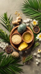 Professional top view of tropical wellness ingredients arranged artistically, 8K natural lighting, spa and health branding theme with copy space