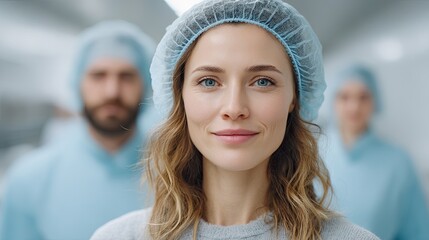 Portrait of a Young Woman Wearing a Blue Hair Net and Light Grey Sweater in a Factory Setting with Two Male Coworkers in the Blurred Background Wearing Blue Protective Suits and Hair Nets