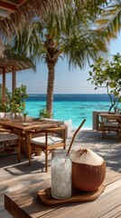Refreshing Coconut Drink with Straw on Wooden Table Outdoors with Palm Tree and Ocean View on Sunny Day