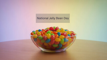 A glass bowl filled with colorful jelly beans on a wooden table, celebrating National Jelly Bean Day