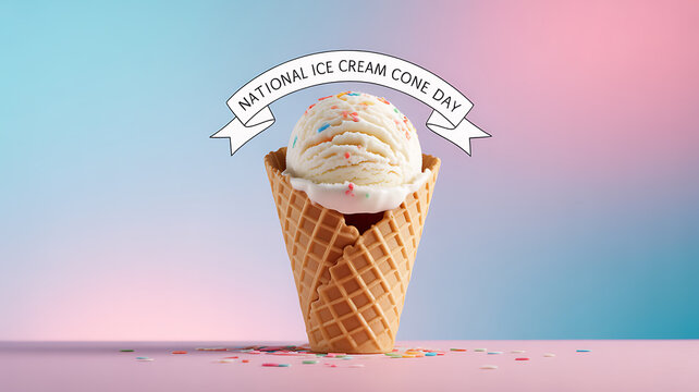A vanilla ice cream scoop with colorful sprinkles in a waffle cone, celebrating National Ice Cream Cone Day against a pastel gradient background. - Powered by Adobe