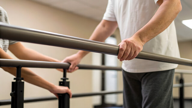 Advanced Gait Training Therapy A person receives support during physical rehabilitation therapy using parallel bars. - Powered by Adobe