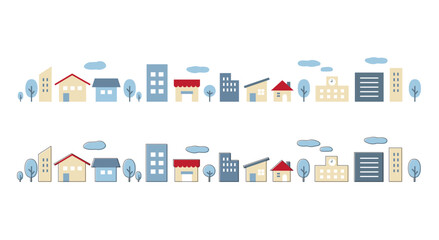 街並み ビル群のバリエーションイラスト 学校 店 家