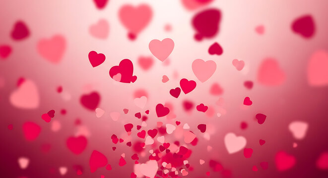 Soft warm pink backdrop with floating hearts in varied sizes, softly glowing creating romance, soft