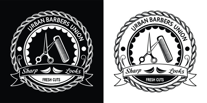 Urban barbers union logo with scissors and comb, sharp looks and fresh cuts, vintage emblem