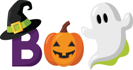Cute halloween boo letters with witch hat pumpkin and ghost