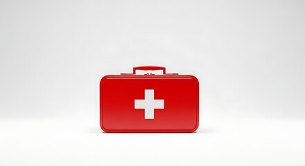 Red plastic medical case with white cross sits on a clean white surface, compact and portable. ready