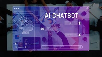 Modern office scene with an interactive AI chatbot on a screen, showcasing teamwork and data...
