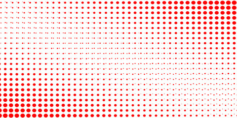Red color halftone gradient texture. Vanishing cartoon polka dot background. Repeating dotted gradation pattern. Fading comic pop art overlay backdrop. Raster halftone effect wallpaper. Vector