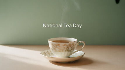 Obraz premium A steaming cup of tea on a saucer with 'National Tea Day' text, set against a soft green background.