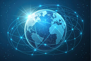 Naklejka premium Tech earth network concept, glowing line design, digital particle, vector illustration, sci-fi decor, innovation element, electronic art, modern technology, visual layout, tech background.