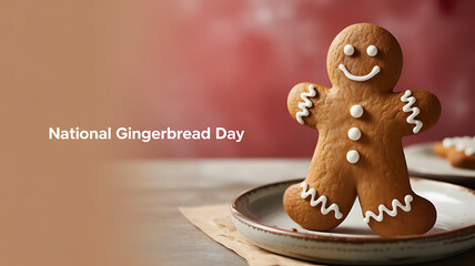 A gingerbread man cookie decorated with white icing on a plate, celebrating National Gingerbread Day