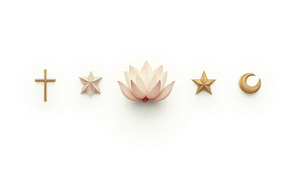 Obraz premium Religious symbols arranged in a row: cross, star, lotus flower, star, crescent moon on a white background.