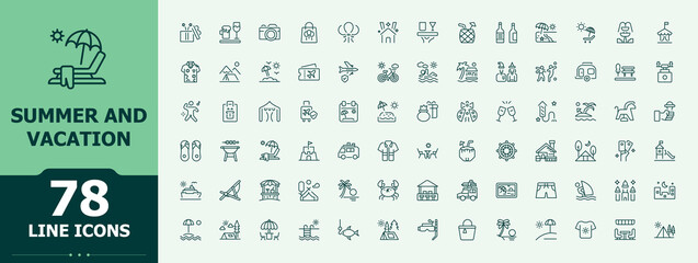 Set of Summer Vacationline icon. Tour minimal linear icons. Outline icons in linear style. Camp vector icon set. Editable stroke collections.