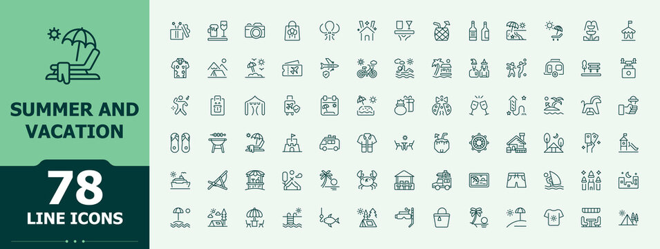 Set of Summer Vacationline icon. Tour minimal linear icons. Outline icons in linear style. Camp vector icon set. Editable stroke collections.