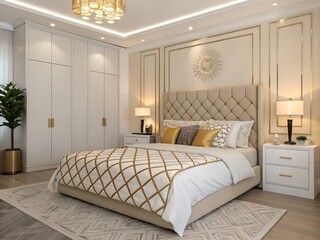 3D rendering luxury classic bedroom suite in hotel with gold pattern wall decor