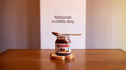 A jar of hazelnut spread with a spoon resting on top, placed on a wooden surface with text celebrating a themed day.