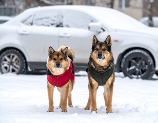 Two medium-sized canines with brown and black fur, in winter coats, stand in fresh snow near a white car. Background shows a building