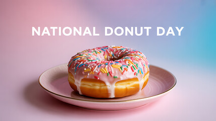 A colorful frosted donut with sprinkles on a plate celebrating National Donut Day